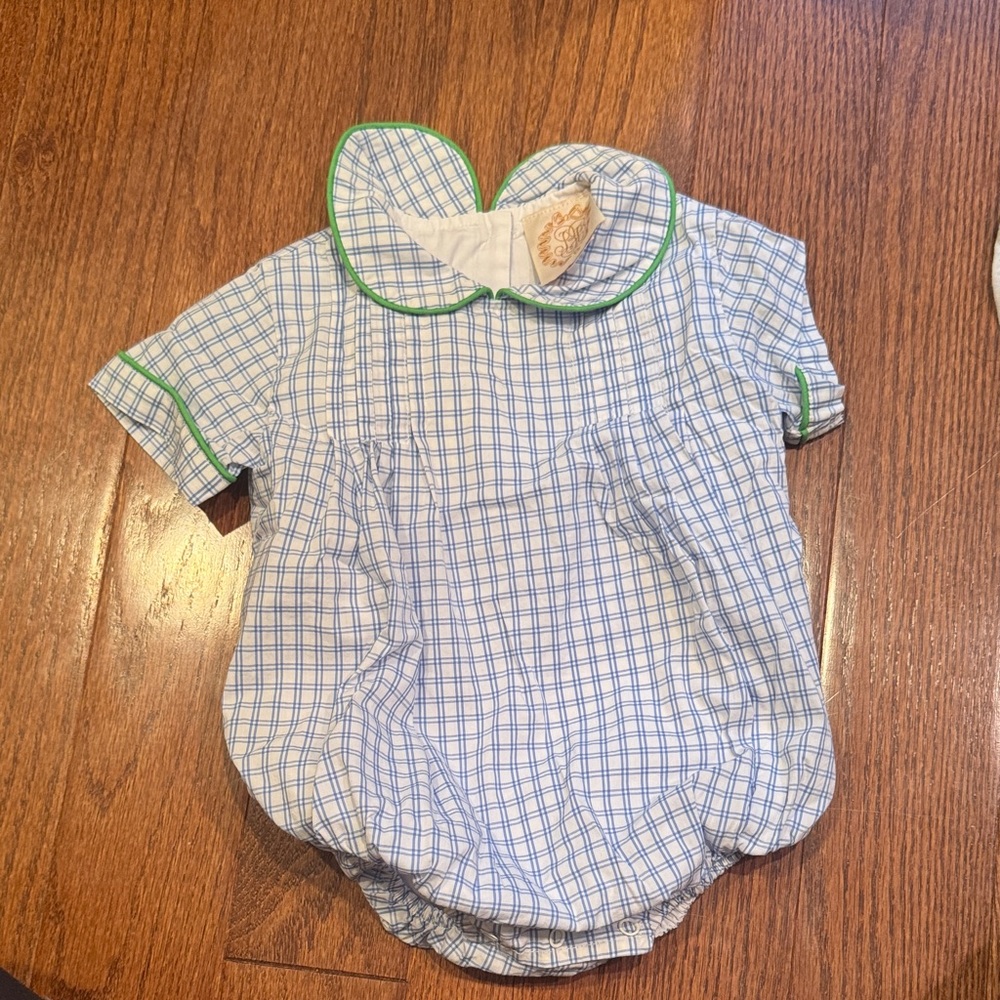 The Beaufort Bonnet Company Blue and White Plaid Onesie with green piping